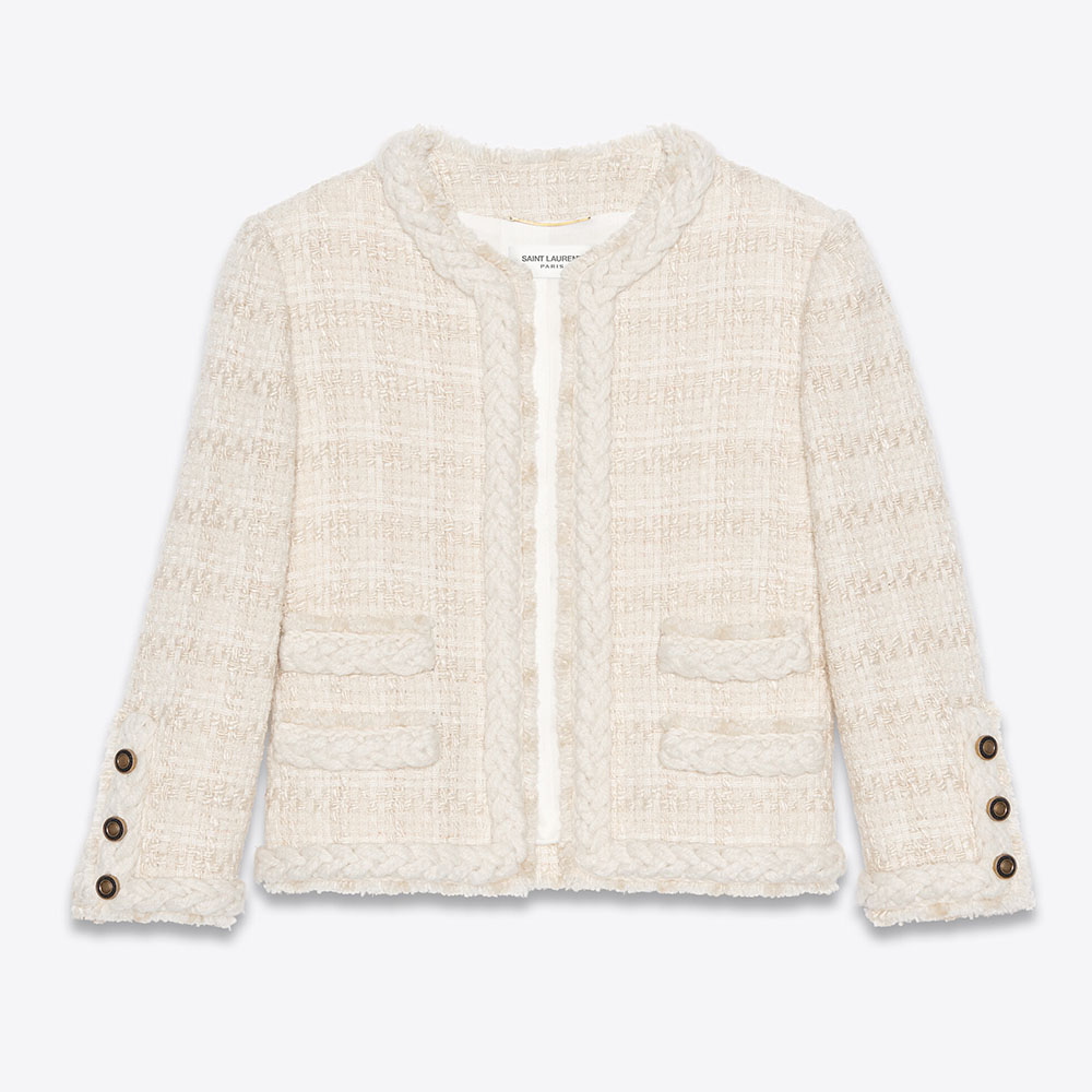 Front view of Saint Laurent YSL Women Short Jacket in white check tweed