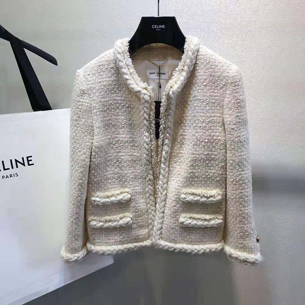Saint Laurent YSL Women Short Jacket in Check Wool and Silk Tweed - image 4