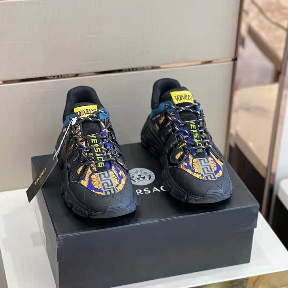 Close-up of Medusa Renaissance print on Versace Men Trigreca Sneakers
