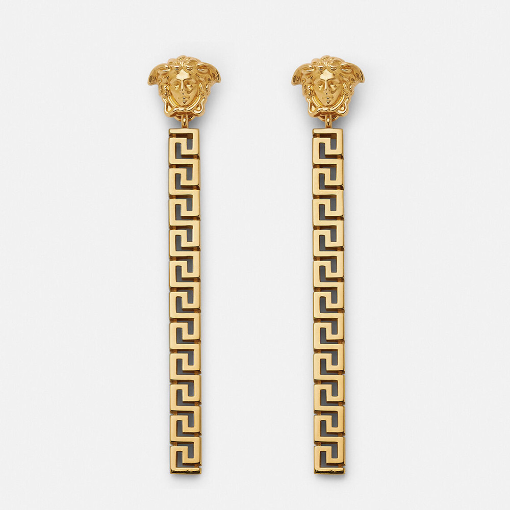 Front view of Versace Women Greca Drop Earrings-Gold highlighting Greca detail