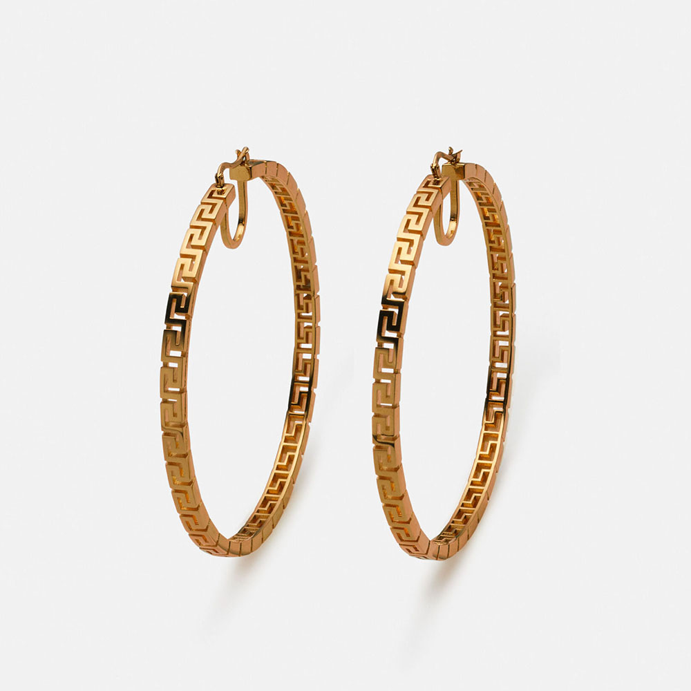 Close-up of Versace Women Greca Hoop Earrings-Gold showing Greca detail