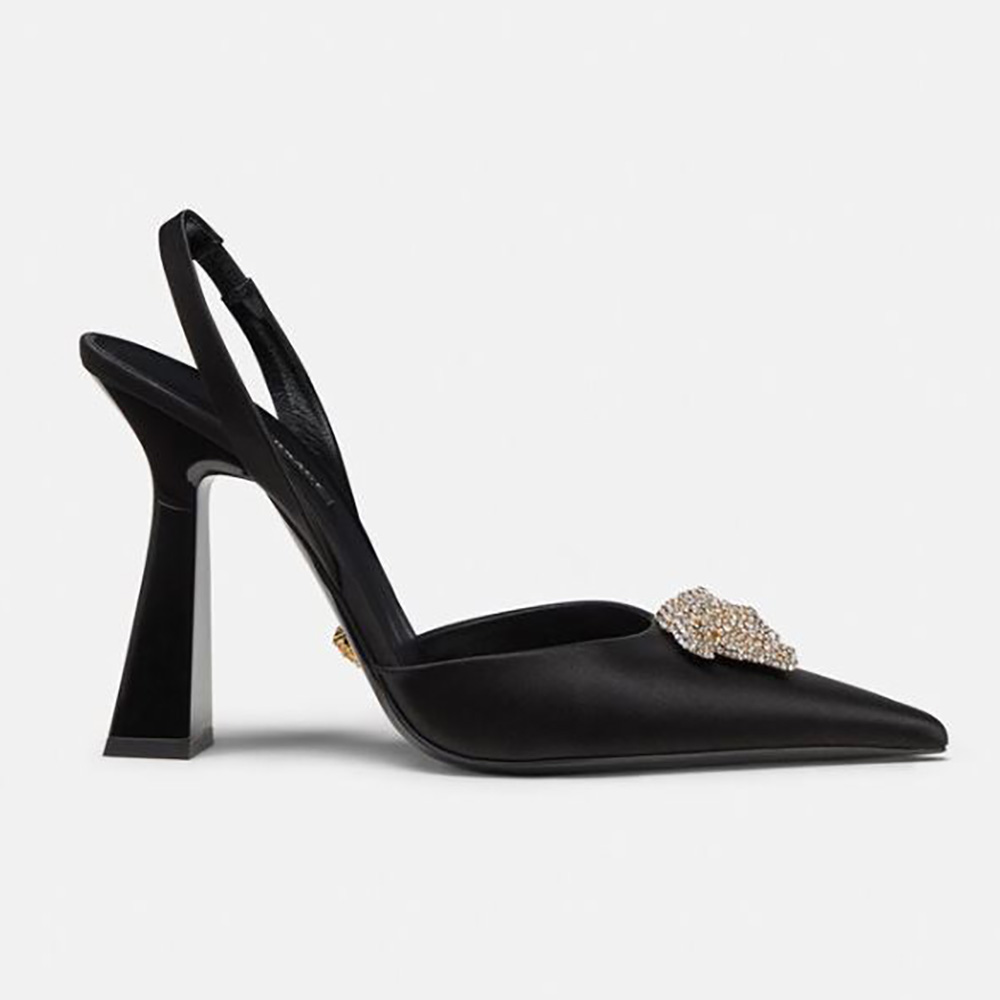 Side profile of Versace Women LA Medusa Satin Sling-Back Pumps in black satin