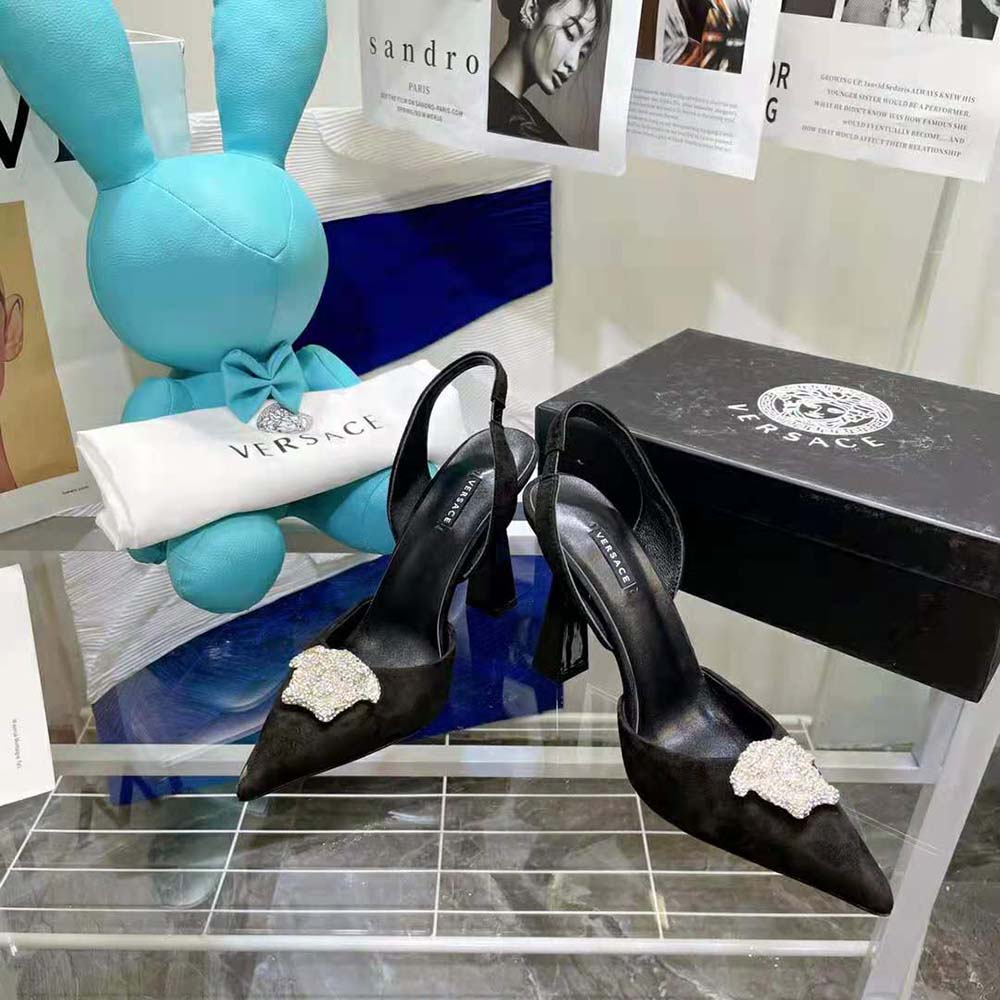 Rear view showing sling-back strap on Versace Women LA Medusa Satin Sling-Back Pumps