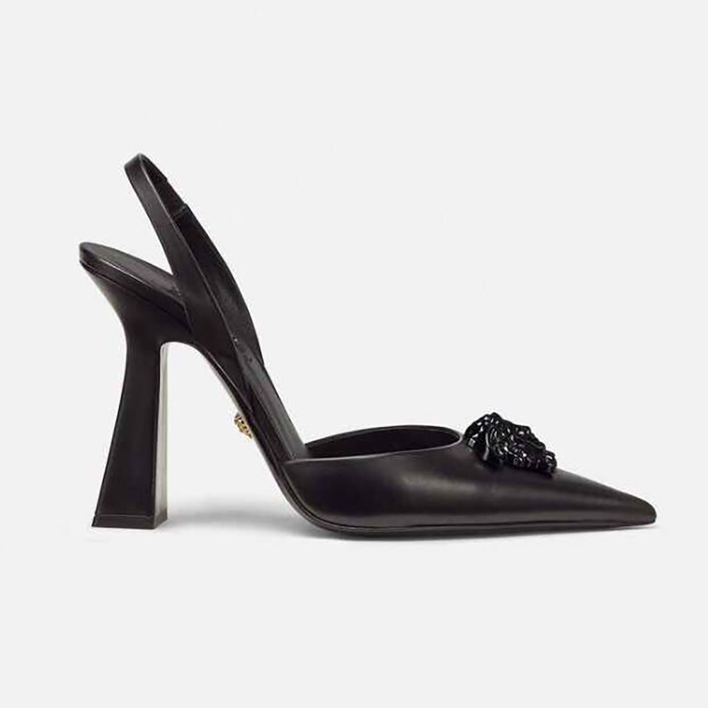 Side profile of Versace Women LA Medusa Sling-Black Pumps heel detail