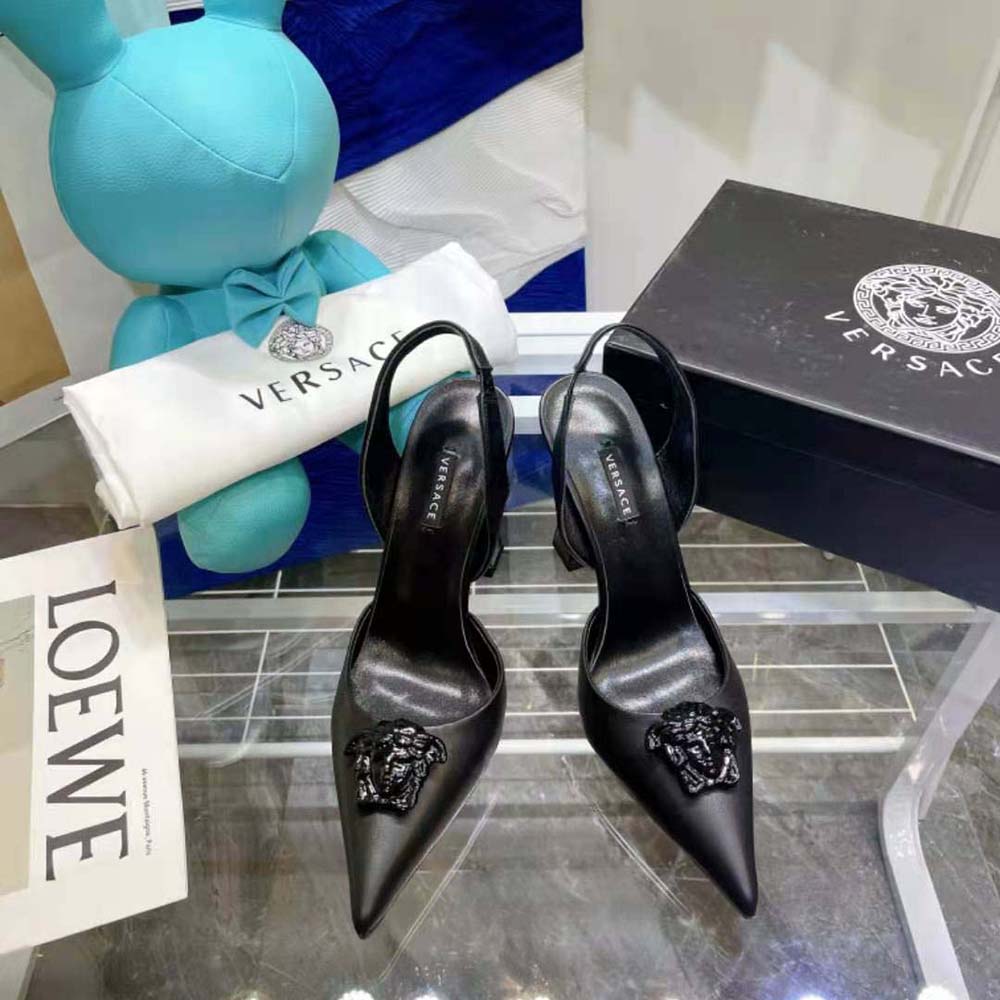 Top view showing slingback strap of Versace Women LA Medusa Pumps