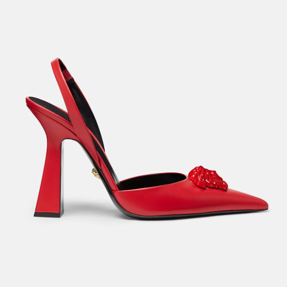 Side profile of Versace Women LA Medusa Sling-Red Pumps with 10.5cm heel
