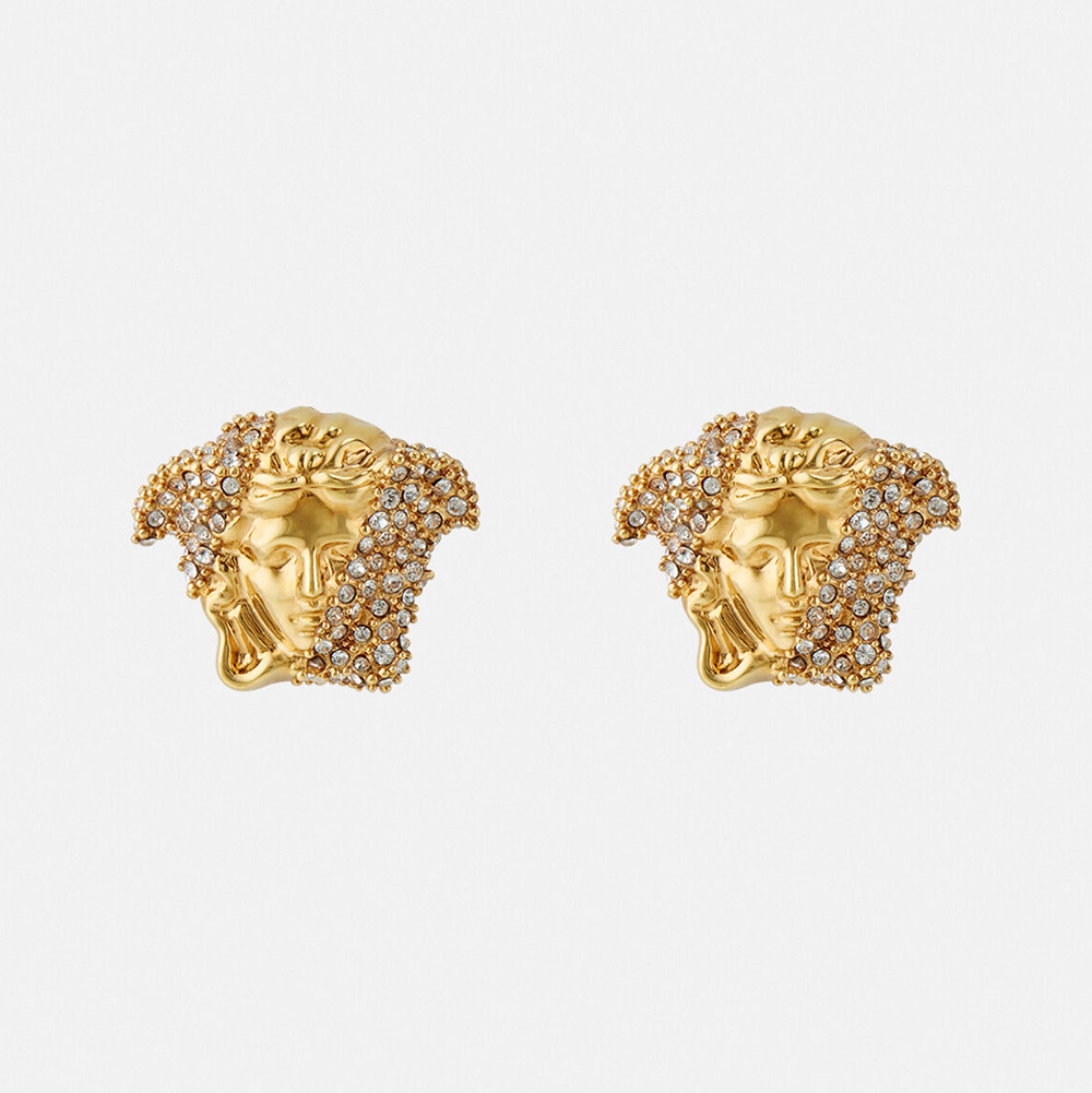 Close-up of Versace Women Palazzo Dia Crystal Earrings-Gold front view