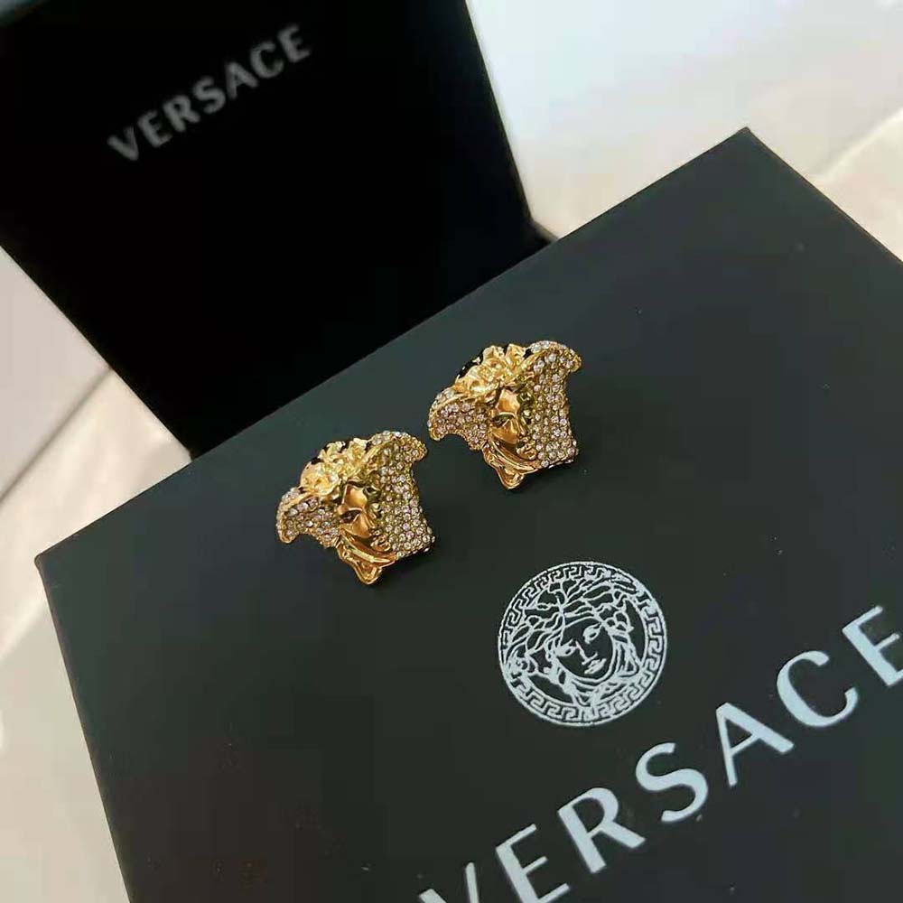Side angle highlighting gold finish on Versace Women Palazzo Dia Crystal Earrings-Gold