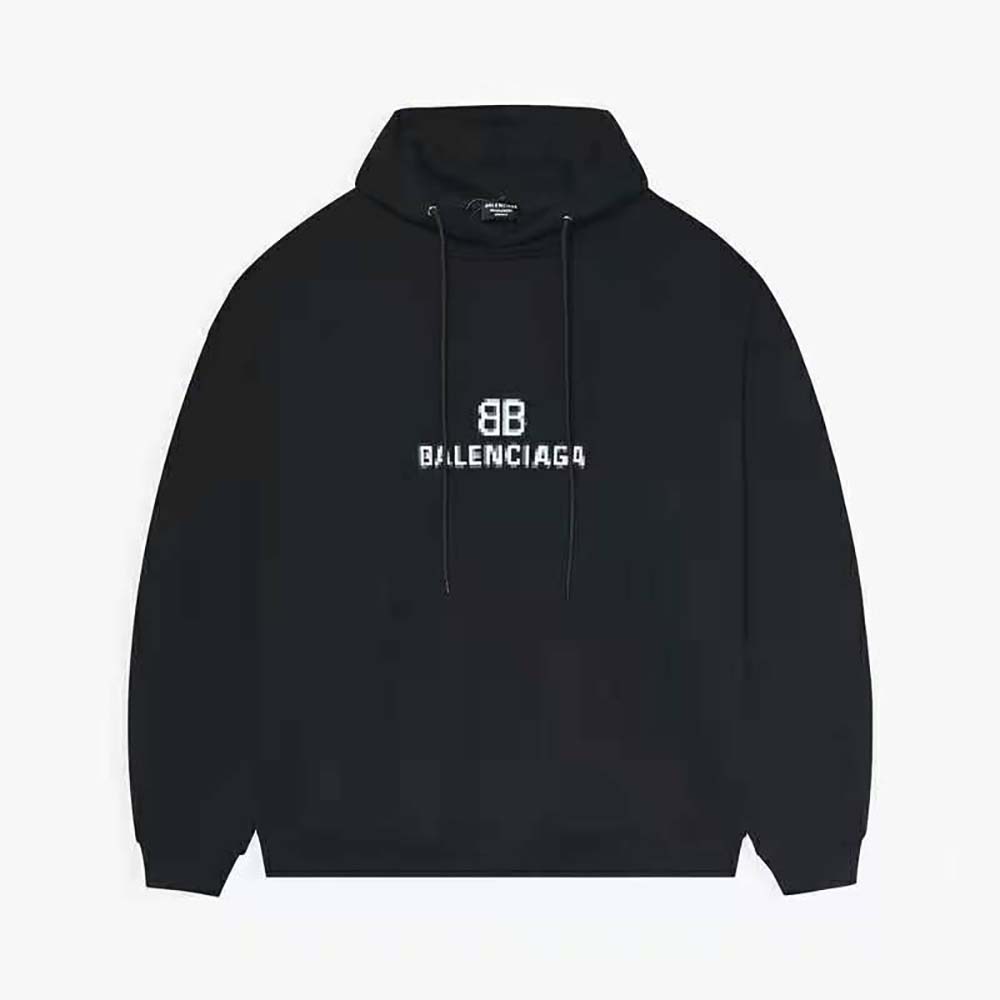Close-up of embroidered BB Pixel logo on black Balenciaga hoodie