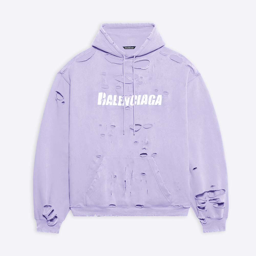 Front view of Balenciaga Women Caps Destroyed Hoodie in Purple