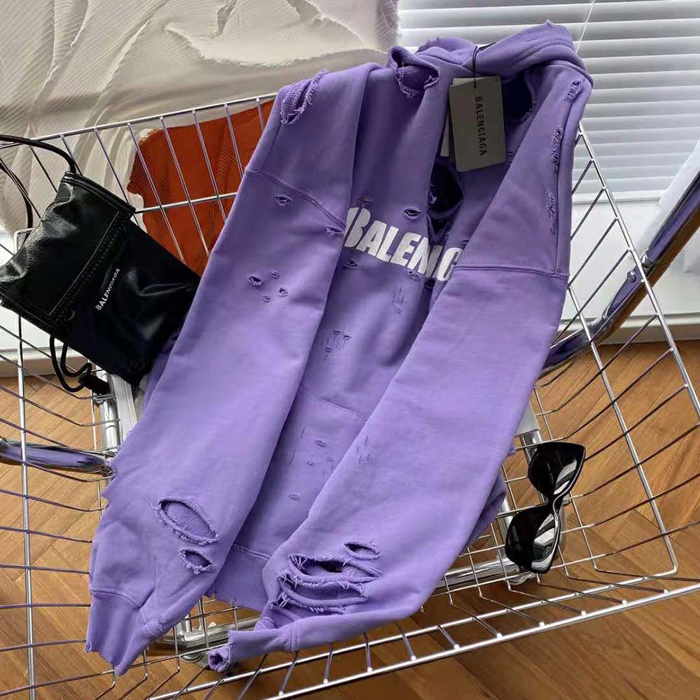 Balenciaga Women Caps Destroyed Hoodie in Purple - image 5