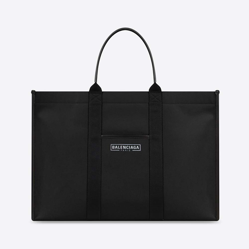 Front view of Balenciaga Women Hardware Large Tote Bag-Black showcasing sleek silhouette