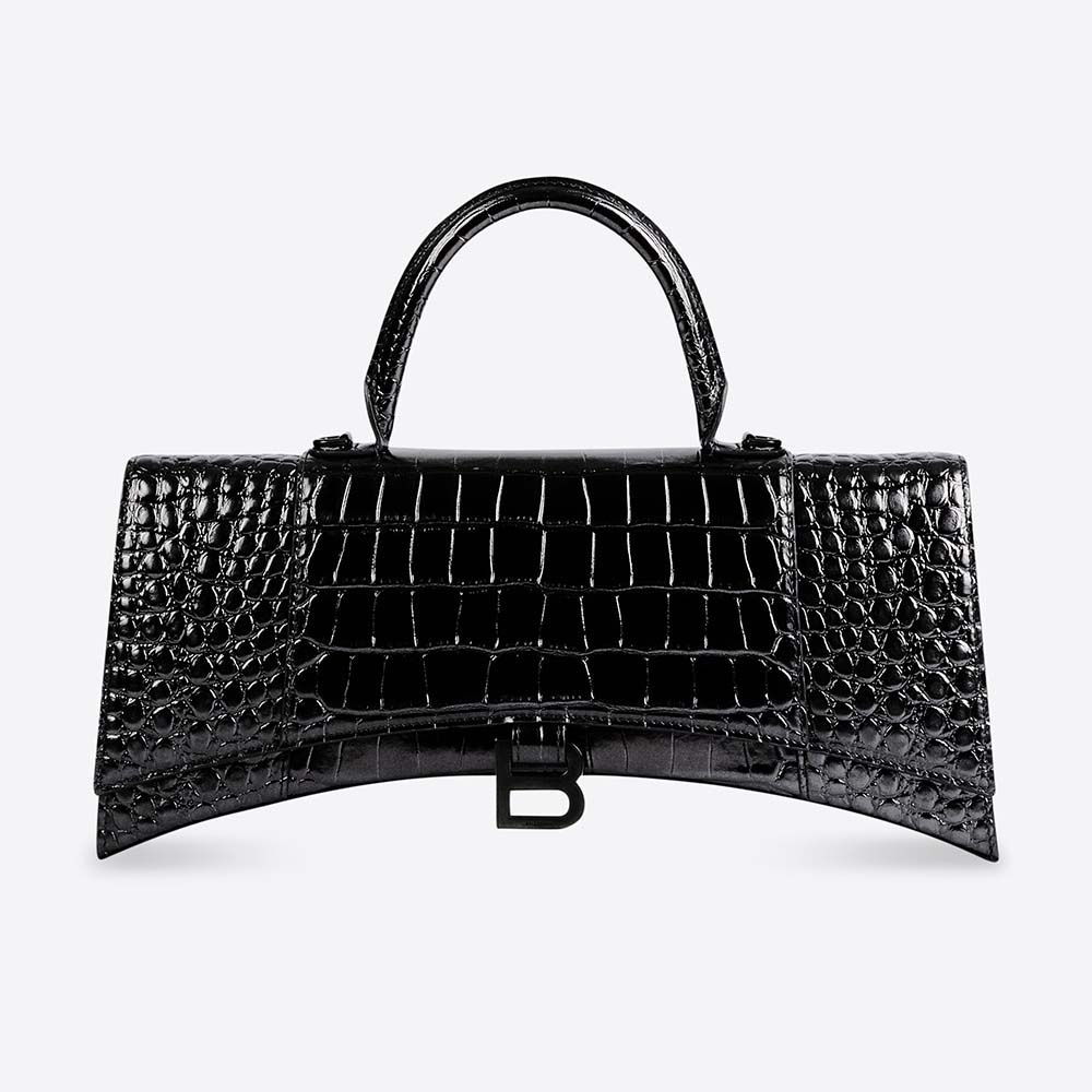 Front view of Balenciaga Women Hourglass Stretched Top Handle Bag in Black