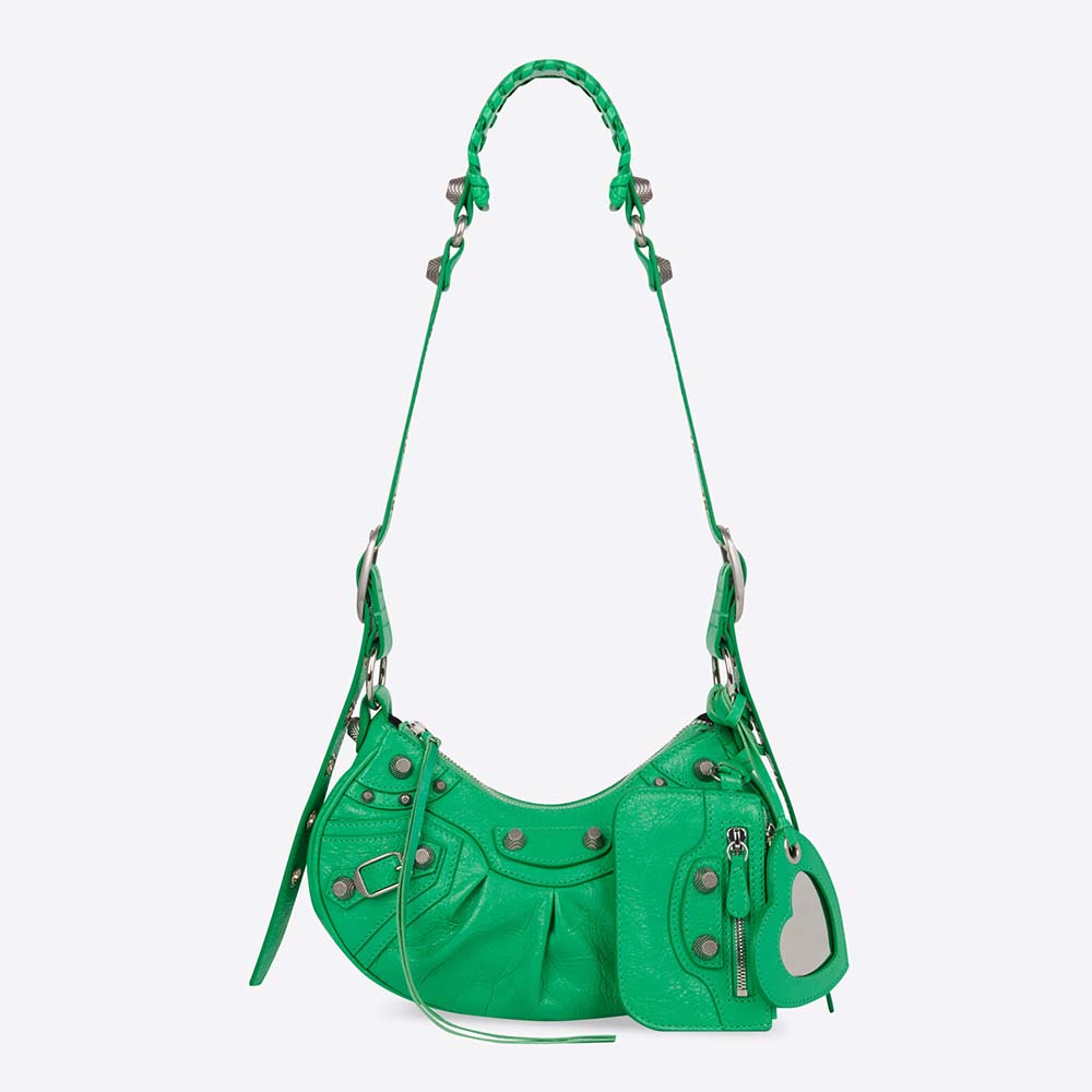 Front view of Balenciaga Women Le Cagole XS Shoulder Bag-Green with flap closed
