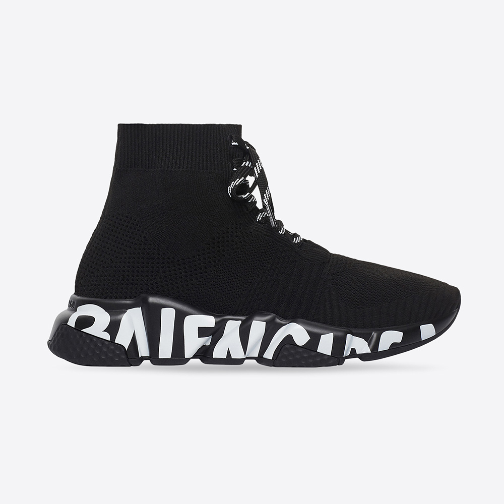 Side view of Balenciaga Women Speed Lace up Graffiti Sneaker in Black/White