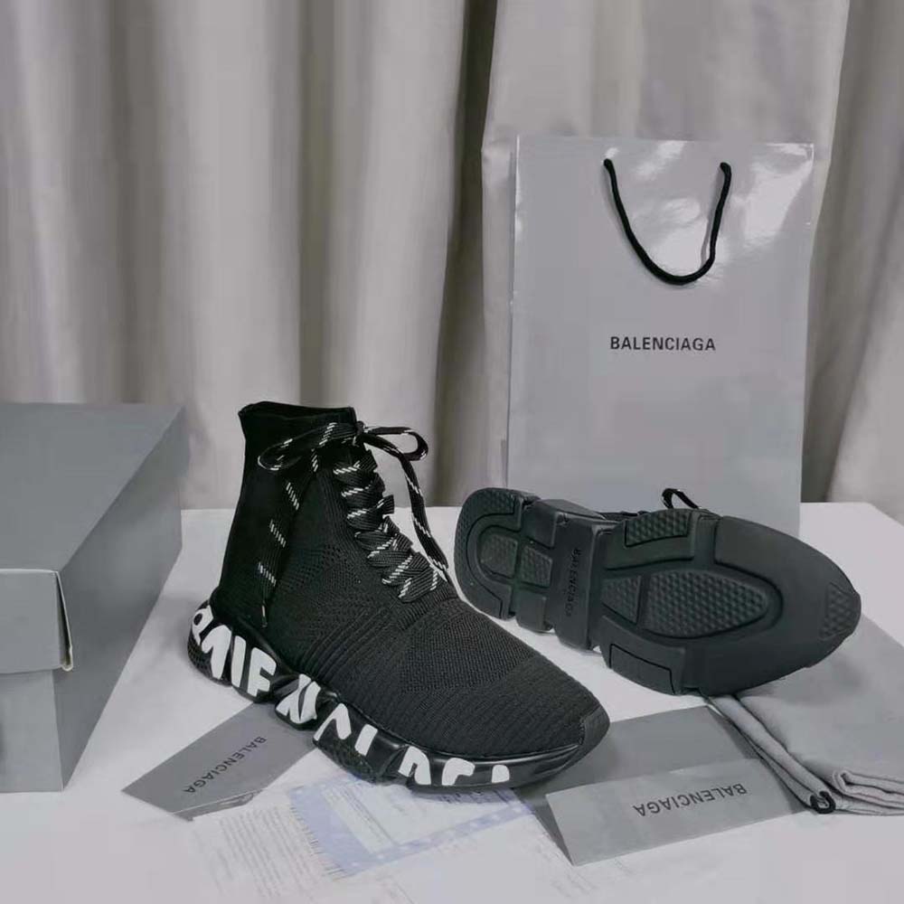 Balenciaga Women Speed Lace up Graffiti Sneaker in Black/White - image 5