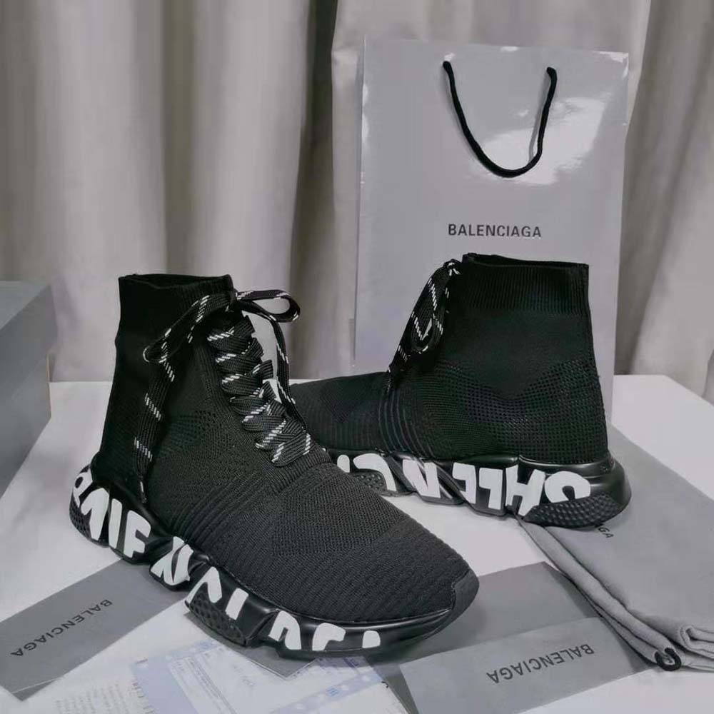 Top-down angle showing silhouette and embossed logo on Balenciaga Women Speed Lace up Graffiti Sneaker