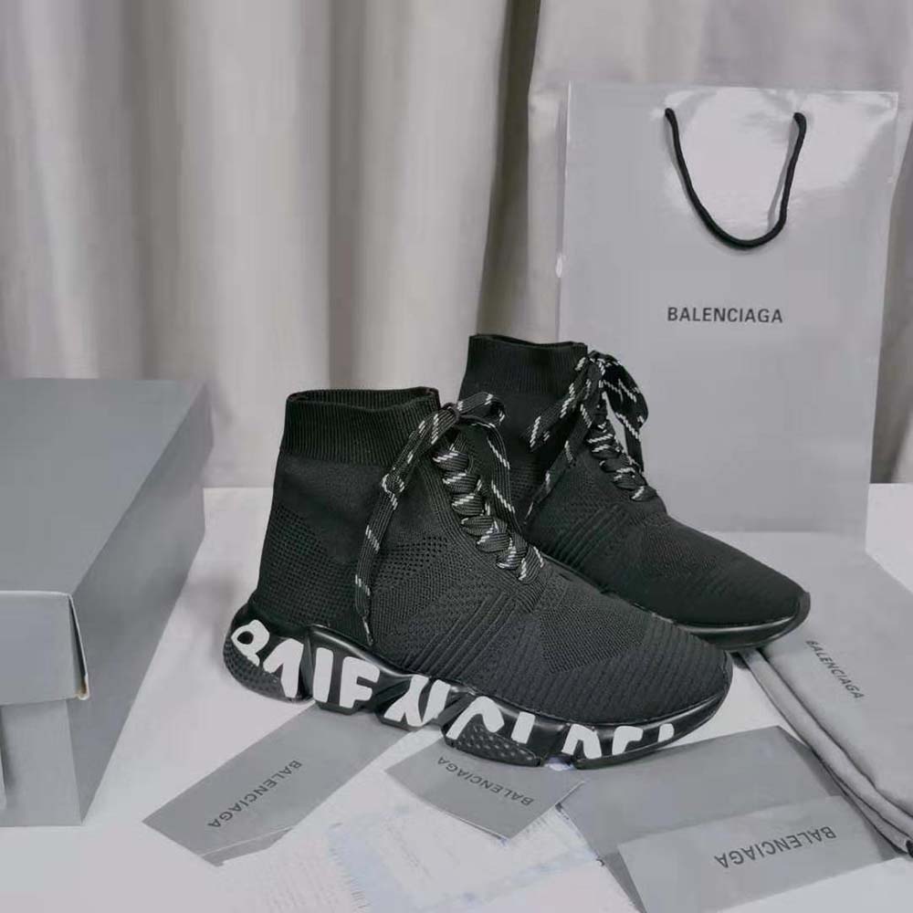 Balenciaga Women Speed Lace up Graffiti Sneaker in Black/White - image 4