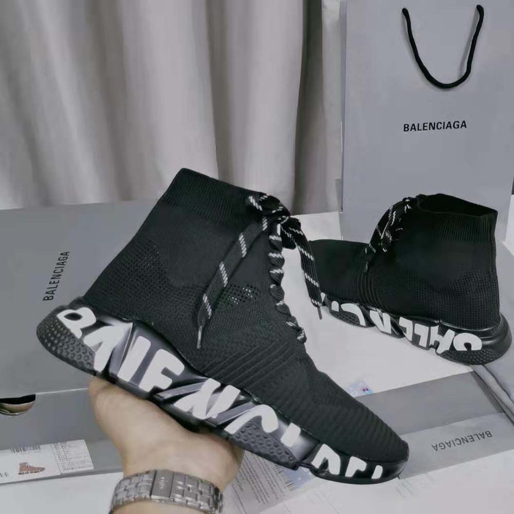 Balenciaga Women Speed Lace up Graffiti Sneaker in Black/White - image 8