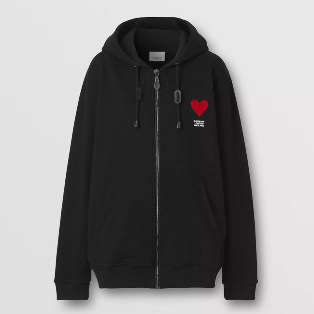 Front view of Burberry Women Heart Motif Cotton Hooded Top-Black