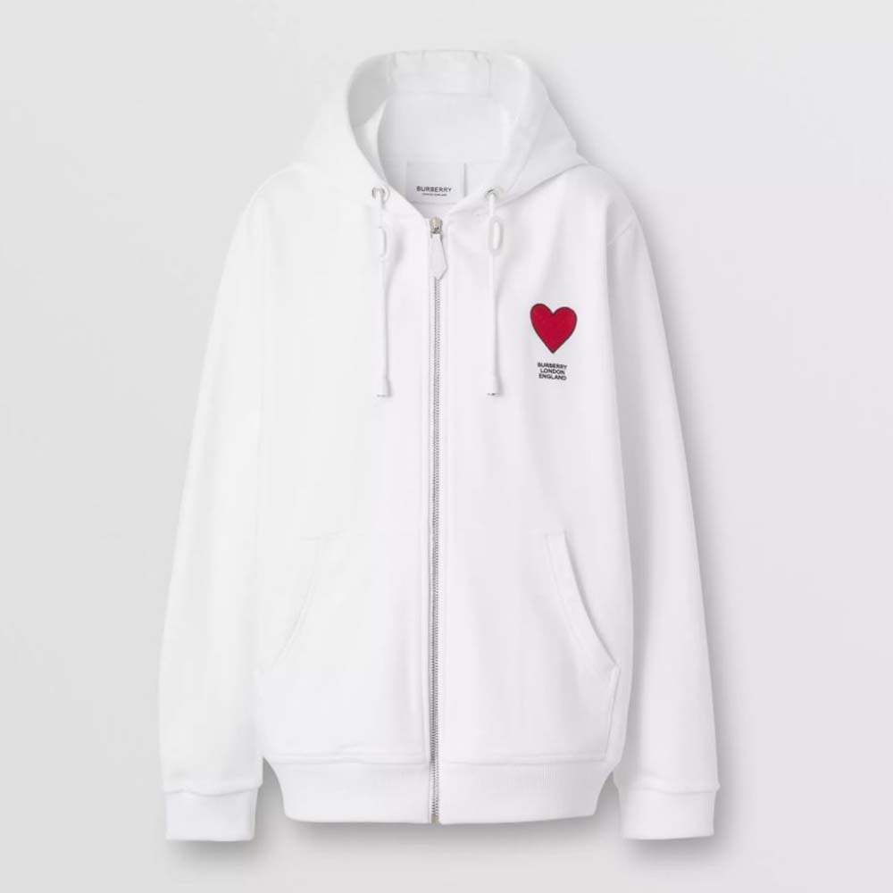 Front view of Burberry Women Heart Motif Cotton Hooded Top-White on model