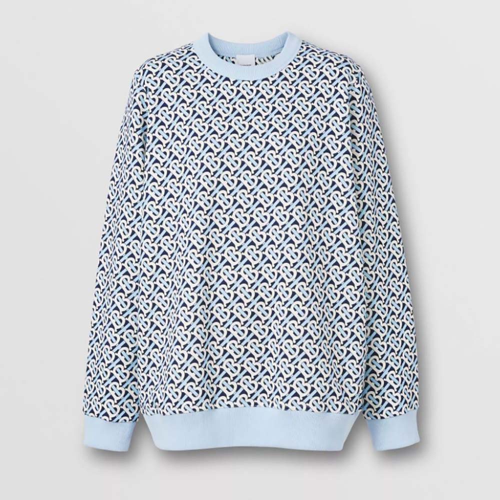 Front view of Burberry Women Monogram Print Cotton Oversized Sweatshirt in blue