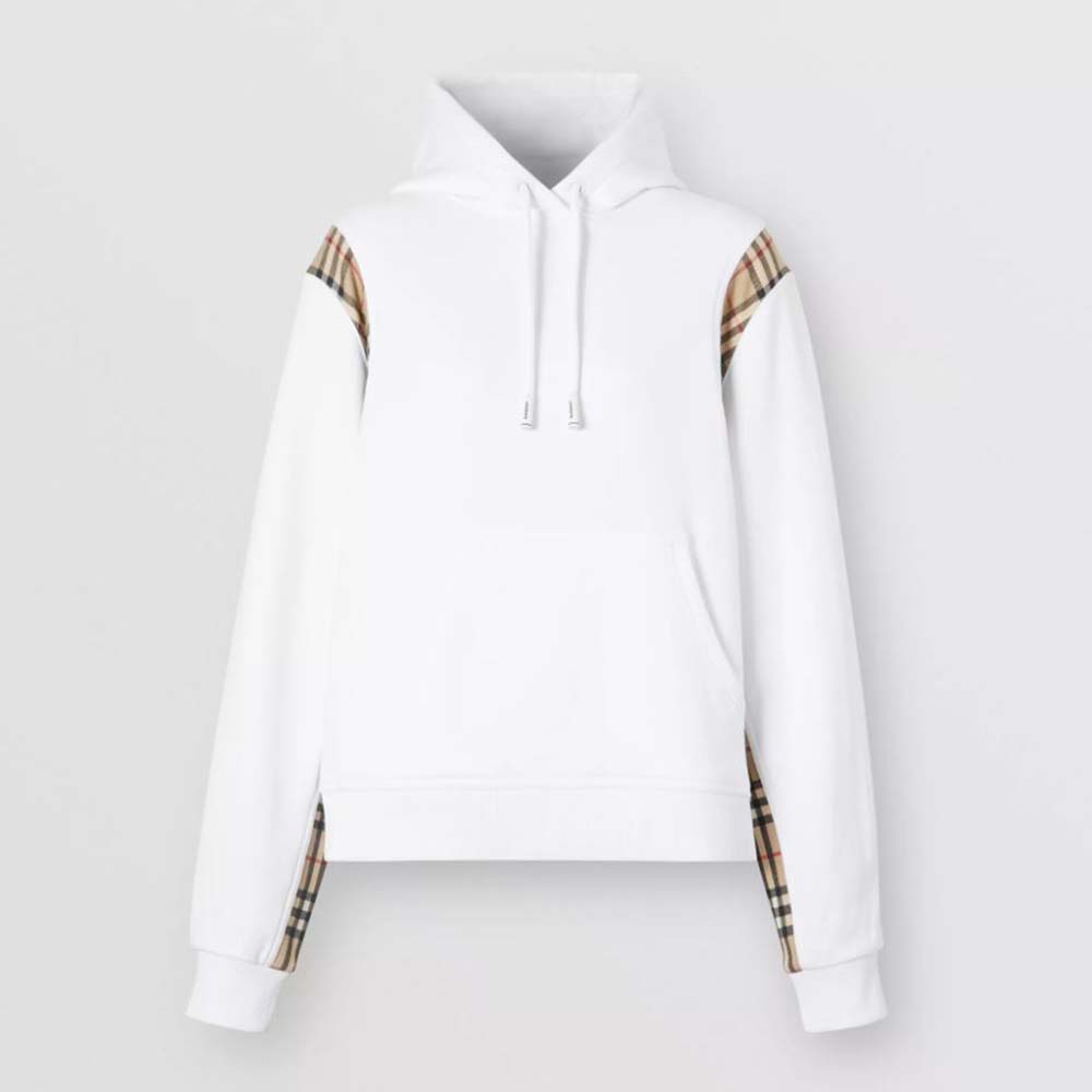 Front view of Burberry Women Vintage Check Panel Cotton Oversized Hoodie in white