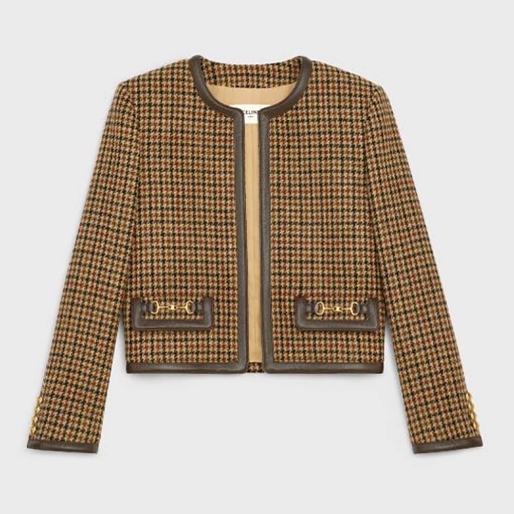 Front view of Celine Women Chasseur Jacket in brown houndstooth wool