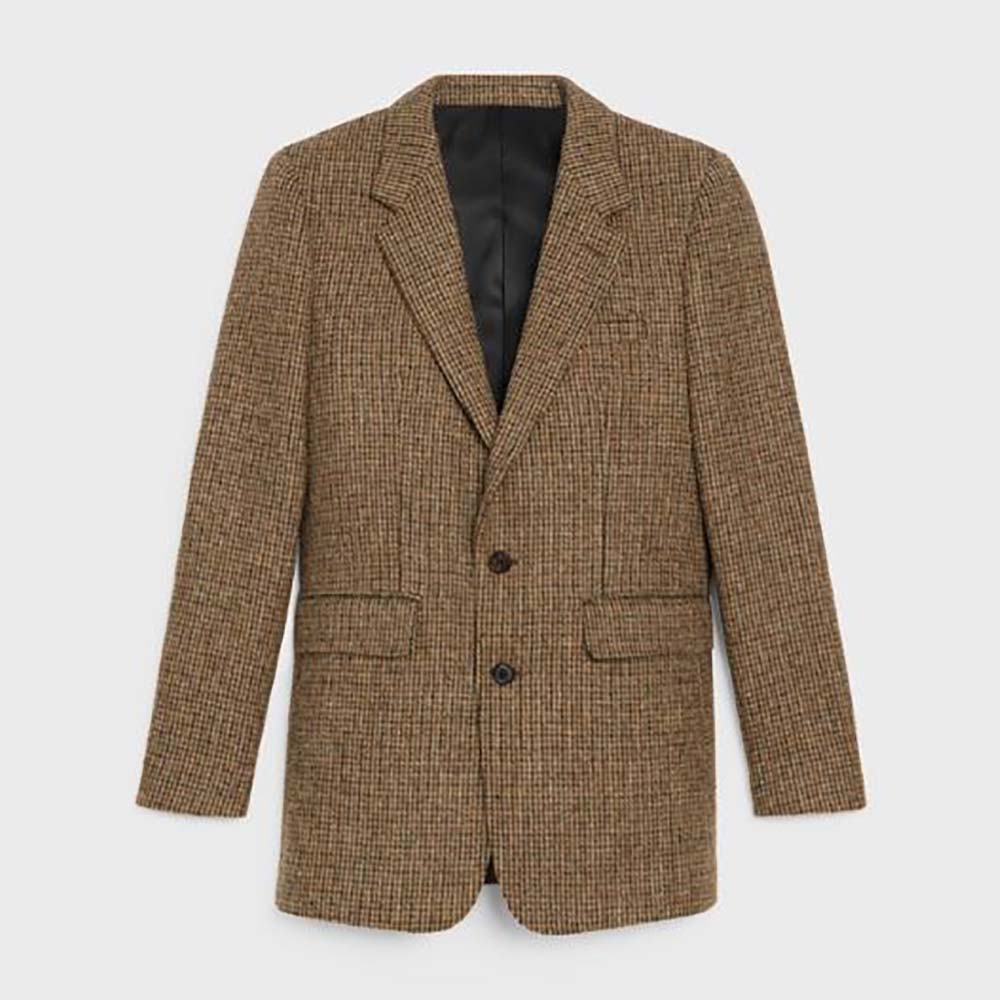 Front view of Celine Women Classic Jacket in Checked Tweed brown