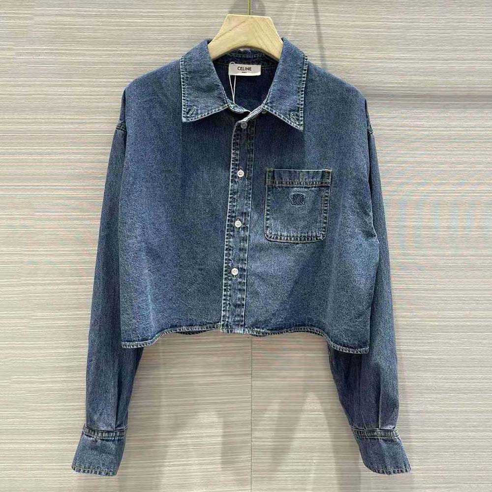 Close-up of branded metal buttons on Celine Women Cropped Shirt navy