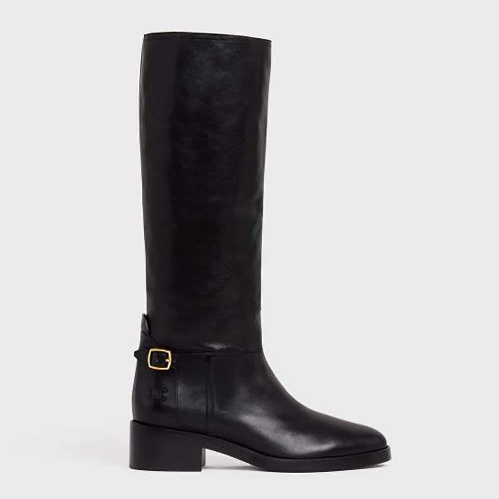 Side angle of Celine Women Folco Buckled Boot in black calfskin