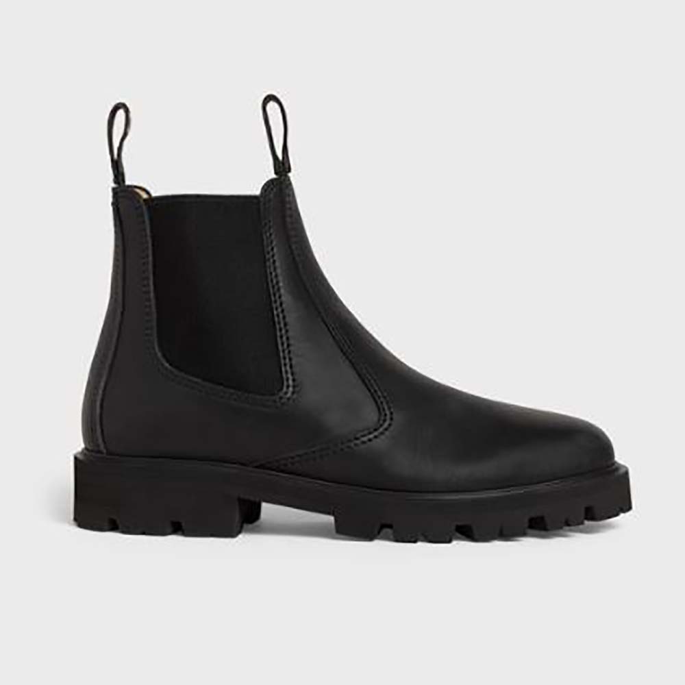 Side view of Celine Women Margaret Chelsea Boot in black calfskin