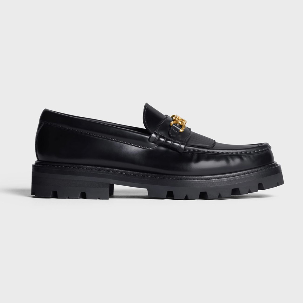 Side profile of Celine Women Margaret Loafer with Triomphe Chain in polished black leather