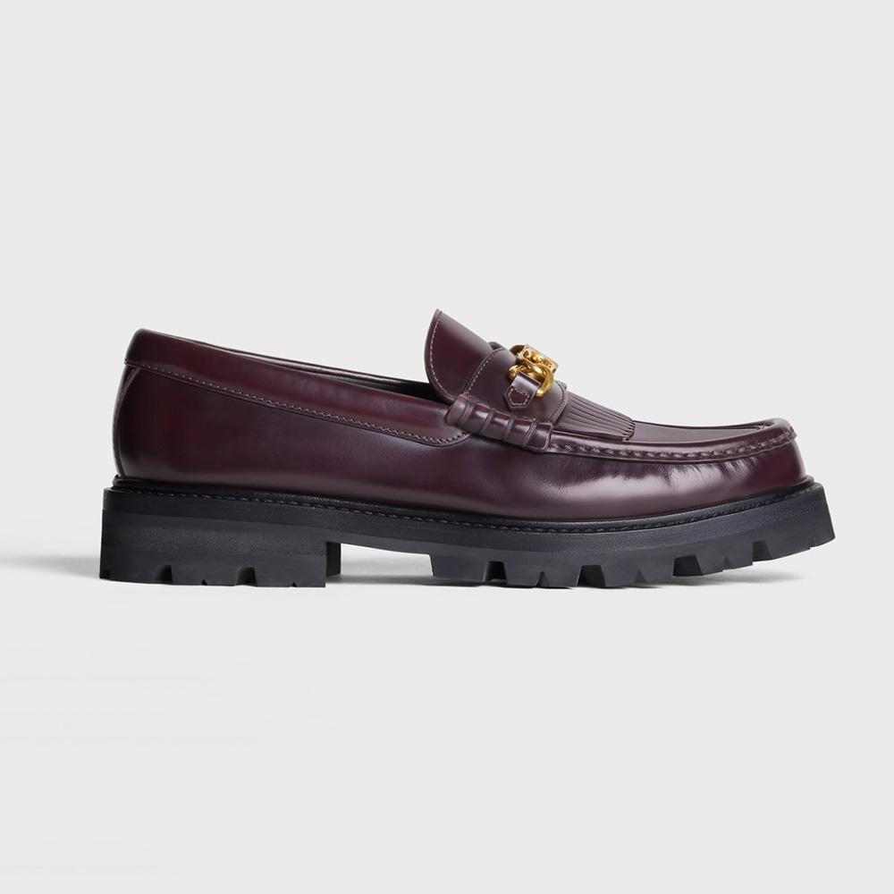 Side view of Celine Women Margaret Loafer with Triomphe Chain in Polished Bull-Maroon