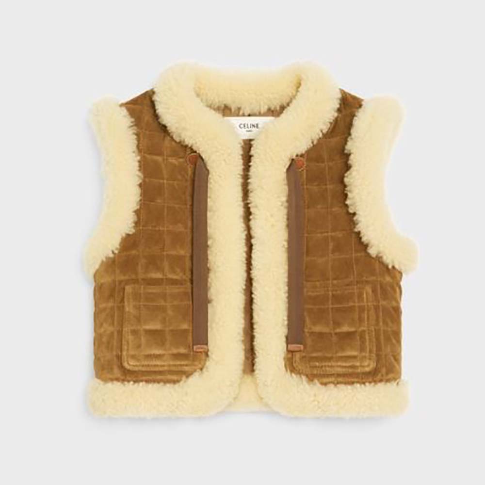Front view of Celine Women Quilted Vest in Split Leather-Brown showcasing quilted pattern