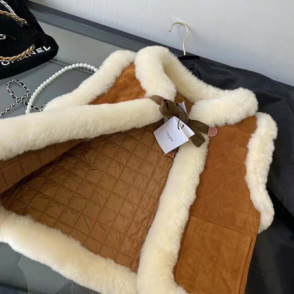 Celine Women Quilted Vest in Split Leather-Brown - image 7