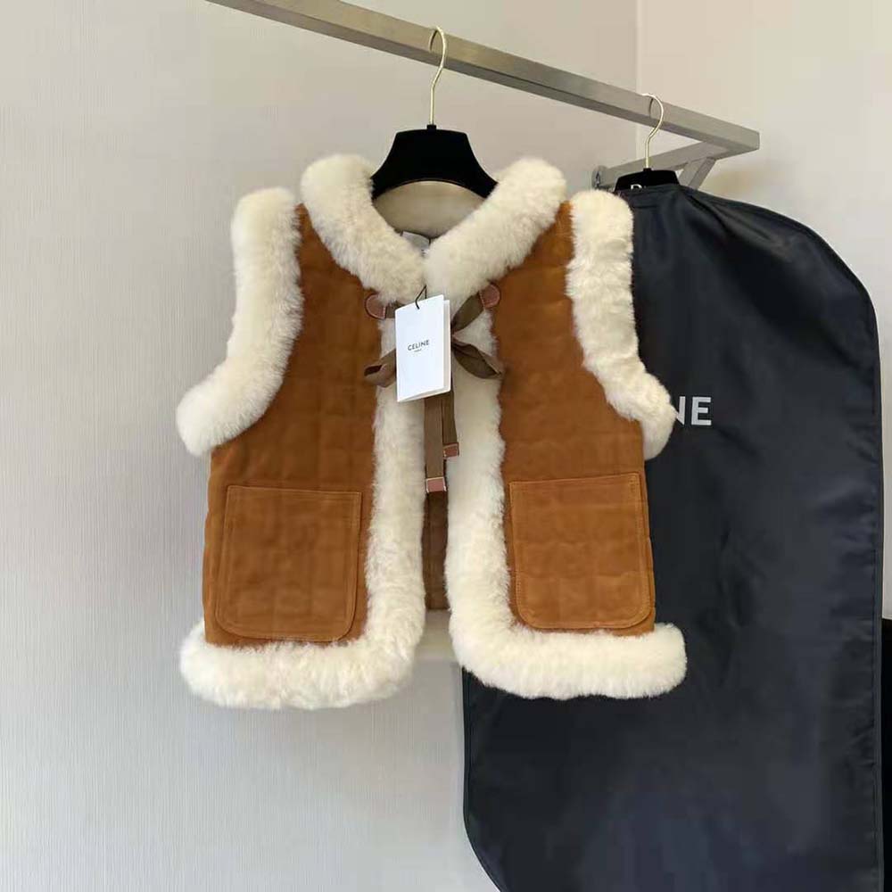 Close-up detail of gold-tone hardware on Celine Women Quilted Vest brown leather