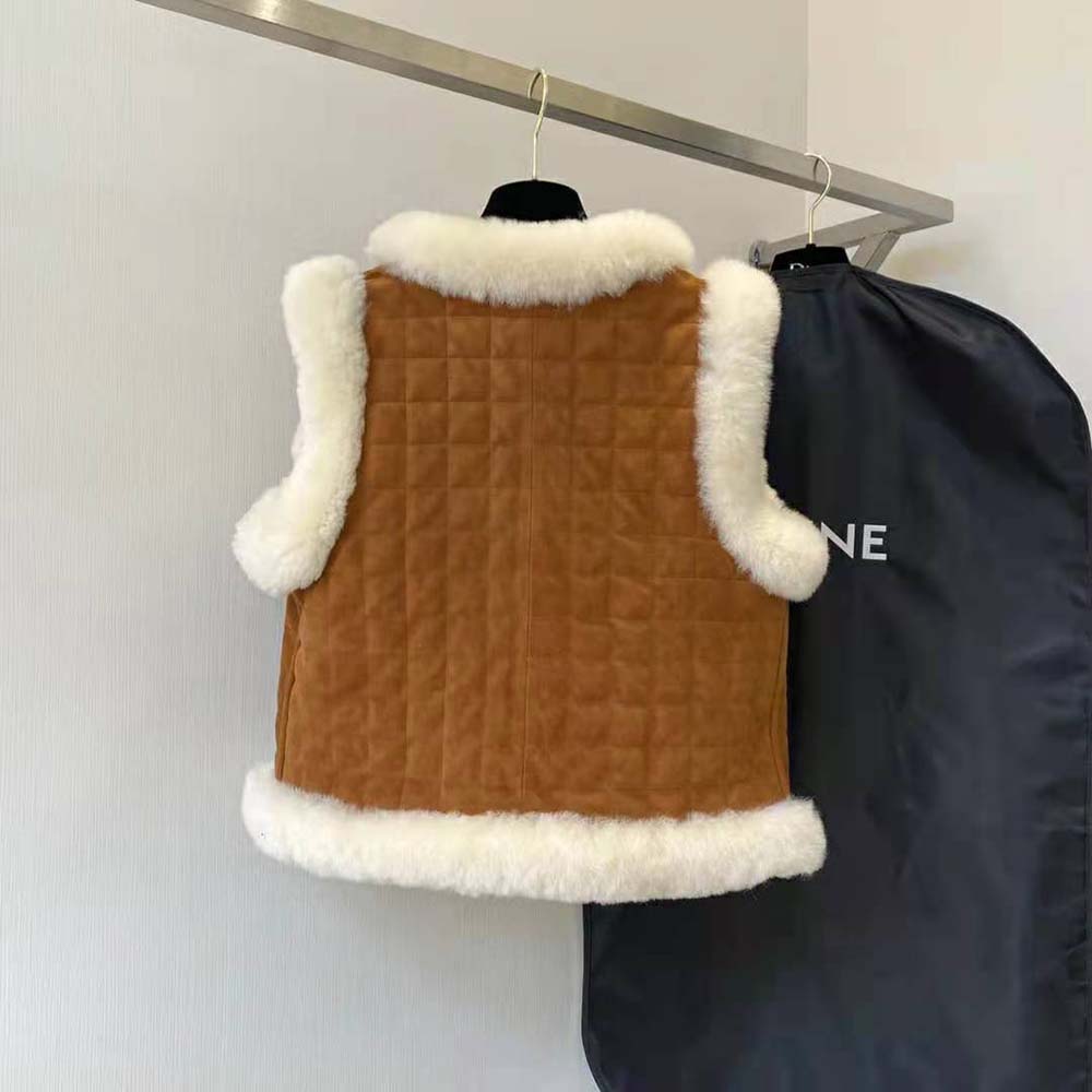 Side angle of Celine Women Quilted Vest in Split Leather-Brown highlighting silhouette