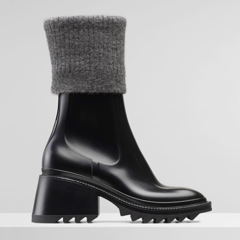 Side view of Chloe Women Betty Rain Boot in PVC-Black showing mid-calf silhouette