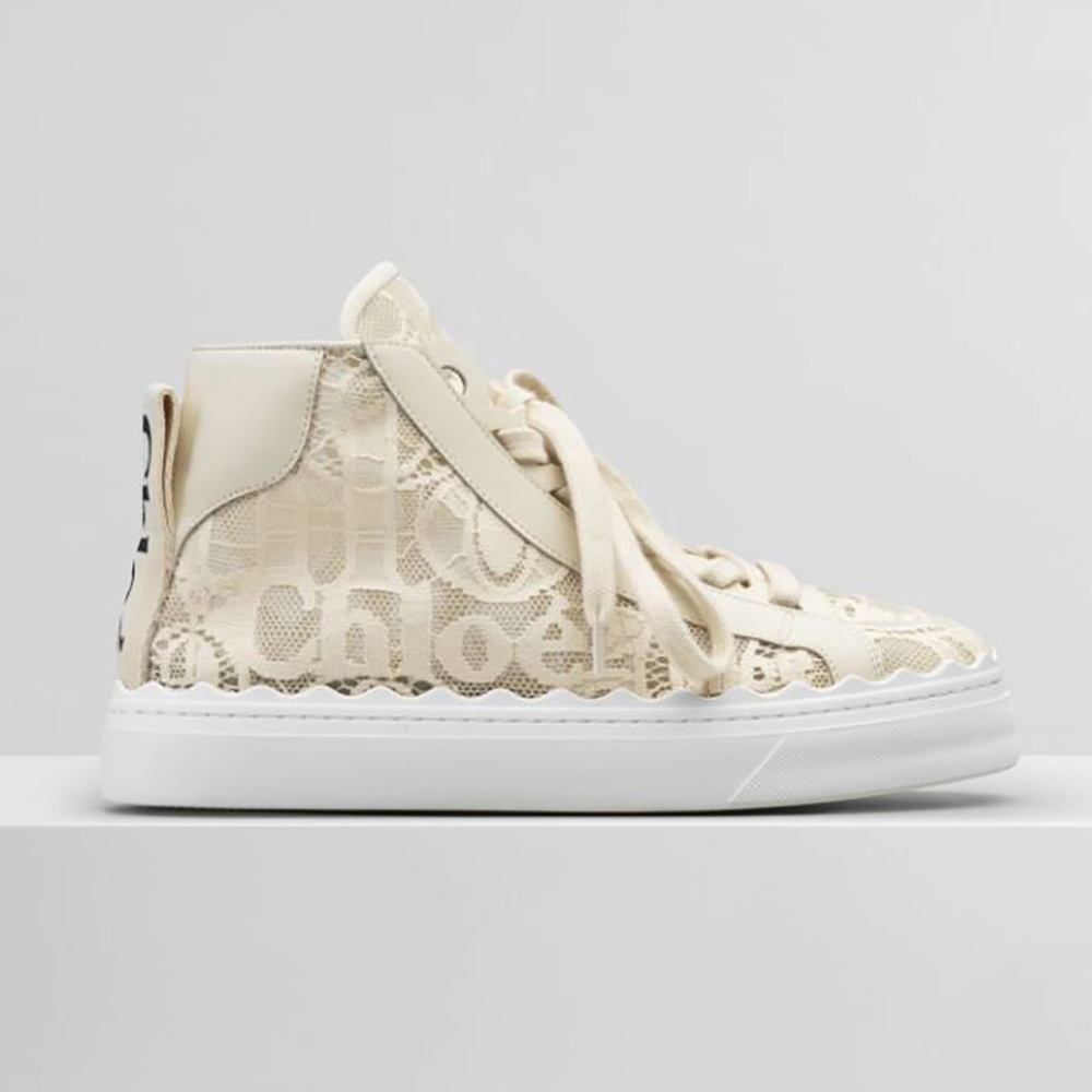 Side profile of Chloe Women Lauren High-Top Sneaker in Lace showing silhouette