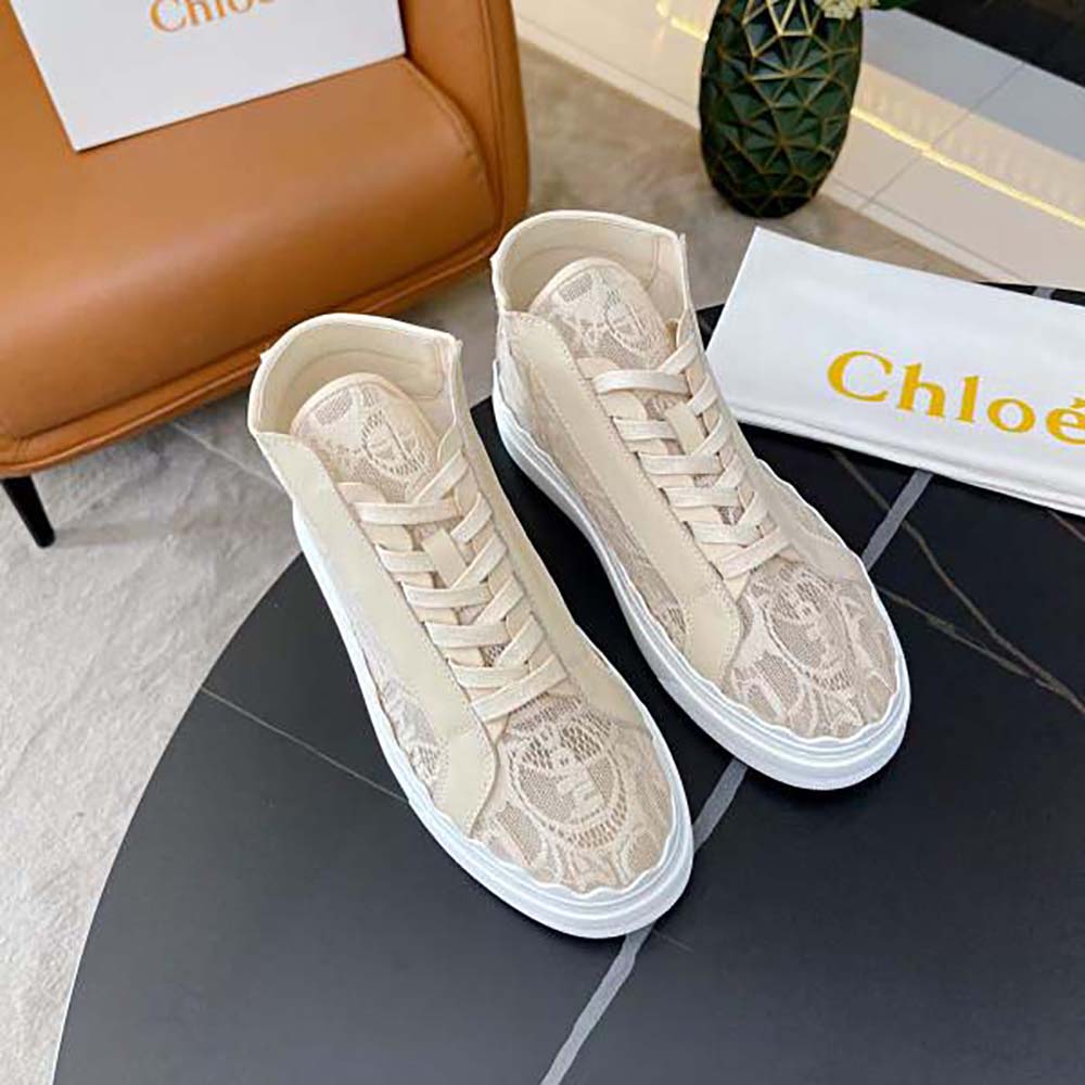 Top view of beige Chloe Women Lauren High-Top Sneaker in Lace with laces tied