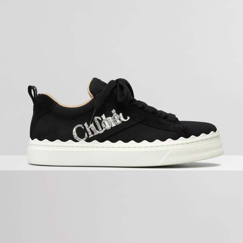Side view of Chloe Women Lauren Sneaker in Embroidered Canvas-Black