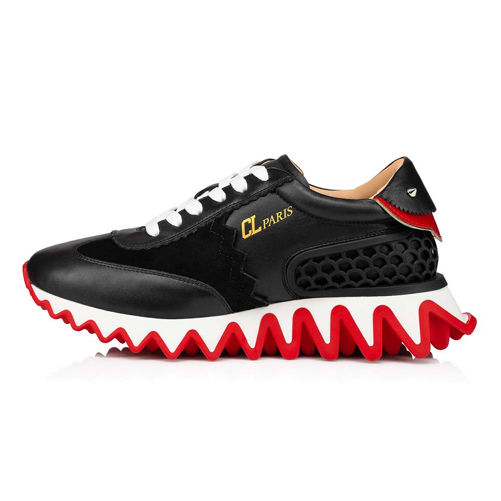 Side view of Christian Louboutin Women Loubishark Donna Flat in black leather