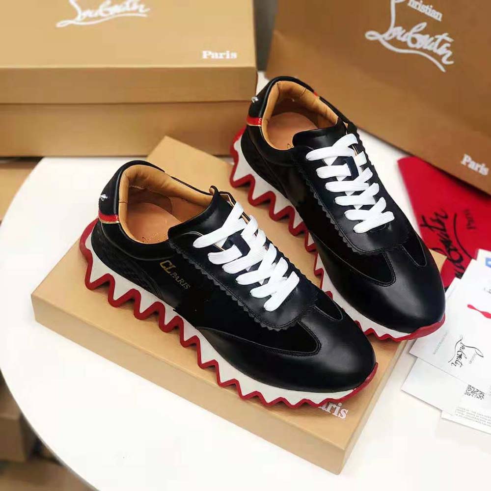 Top detail showing red piping on Christian Louboutin Women Loubishark Donna Flat