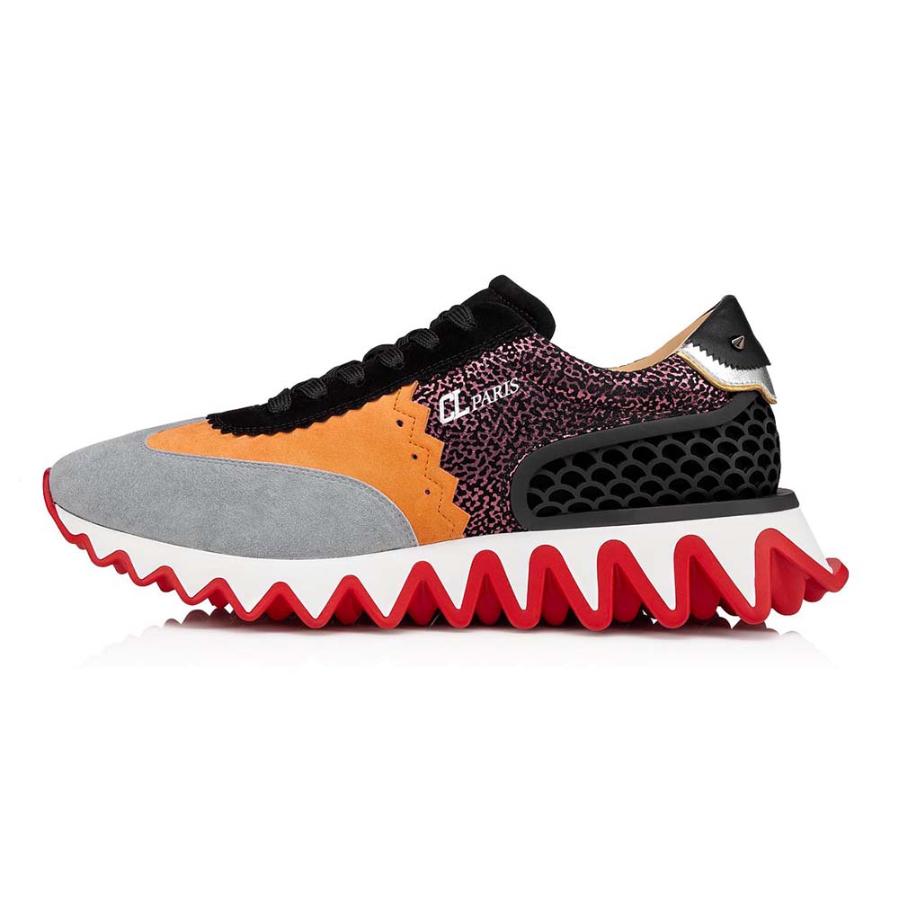 Side angle of Christian Louboutin Women Loubishark Flat-Silver showing spikes