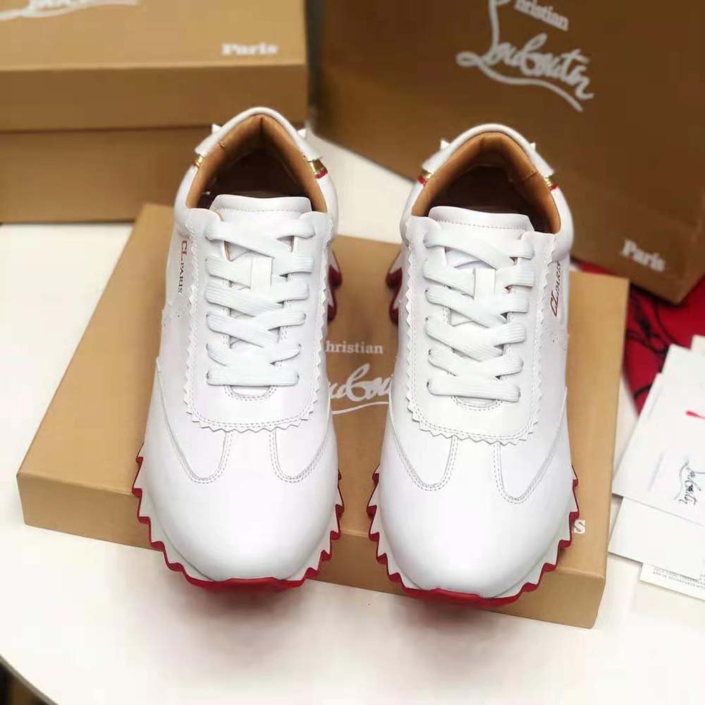Top detail showing laces and leather on Christian Louboutin Women Loubishark Woman Flat-White