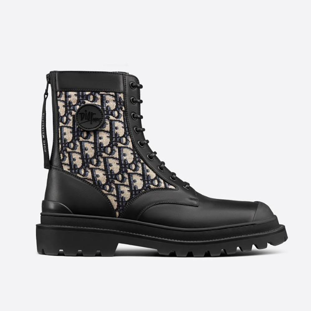 Side profile of Dior Men Explorer Ankle Boot in black and beige jacquard