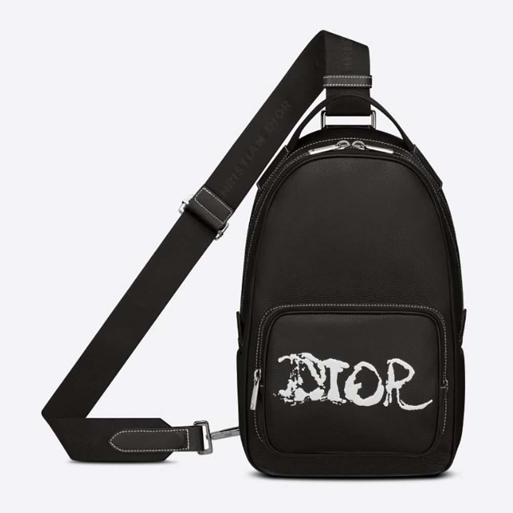 Front view of Dior Men Peter Doig Sling Bag Black Grained Calfskin