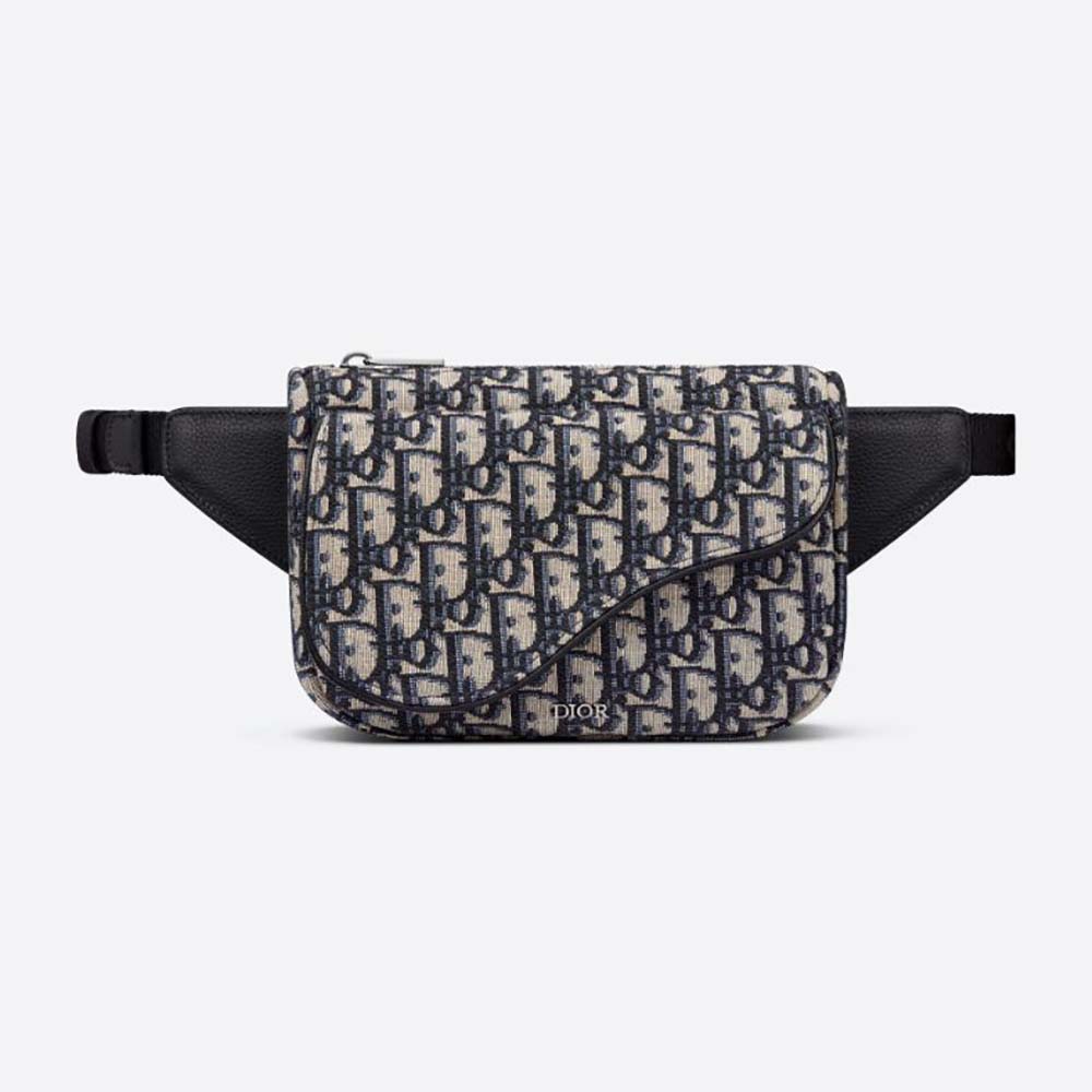 Front view of Dior Men Saddle Belt Bag Beige and Black Dior Oblique Jacquard