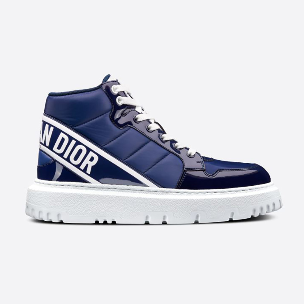 Side view of Dior Unisex D-Player Sneaker Navy Blue Quilted Nylon